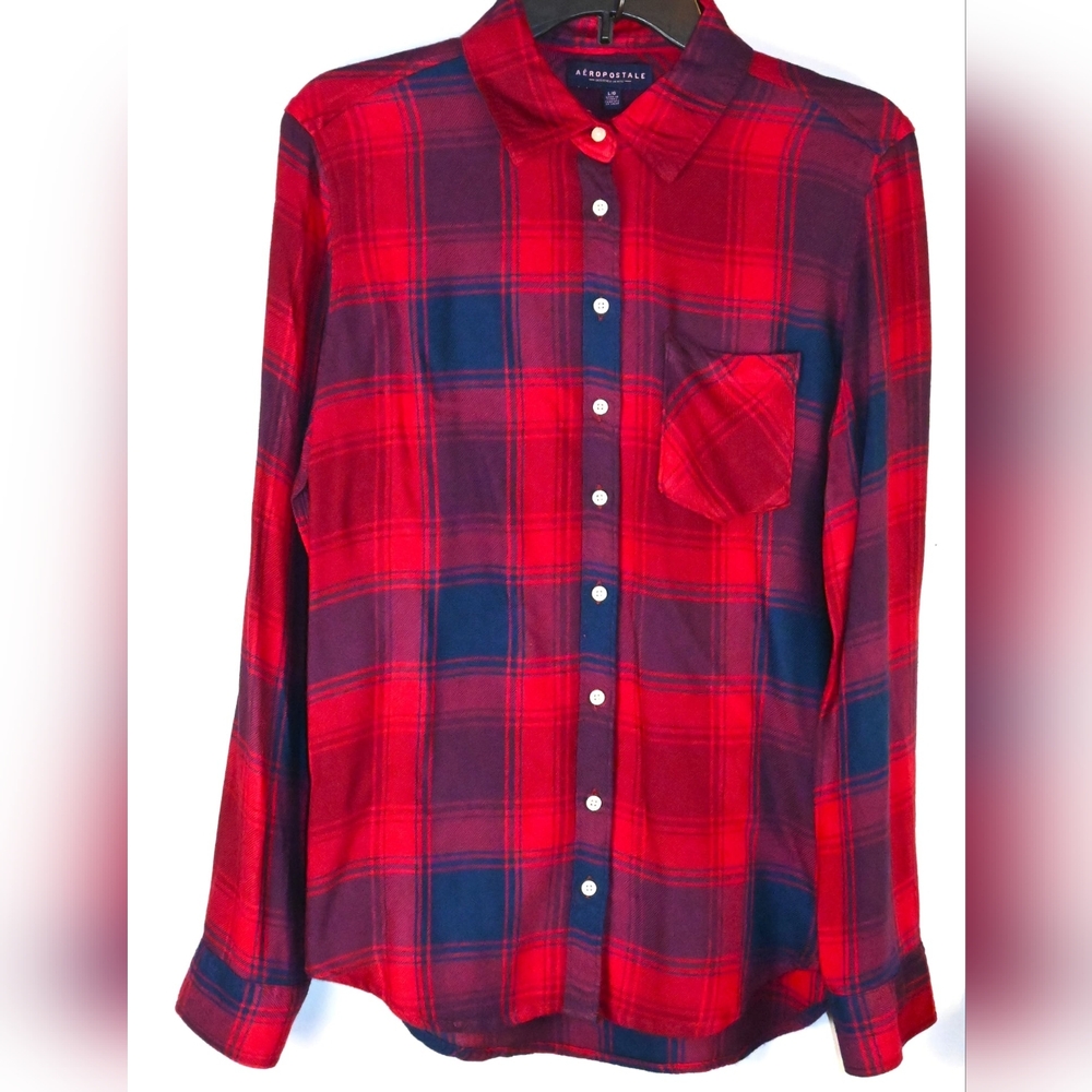 Aeropostale Designed In NYC Women's Large Red and Navy Plaid Button-Down Blouse